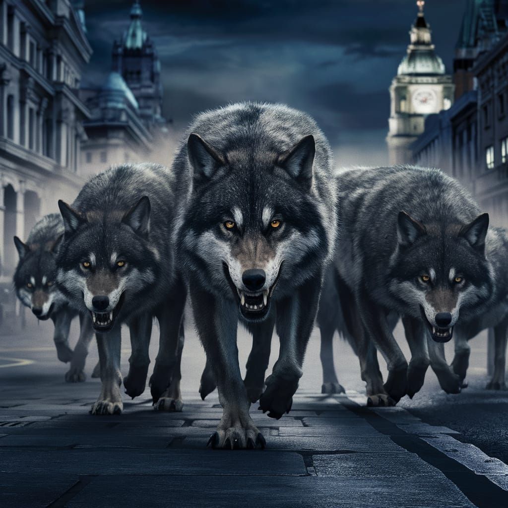 Majestic Dire Wolves Stalk London Streets Under Moonlight