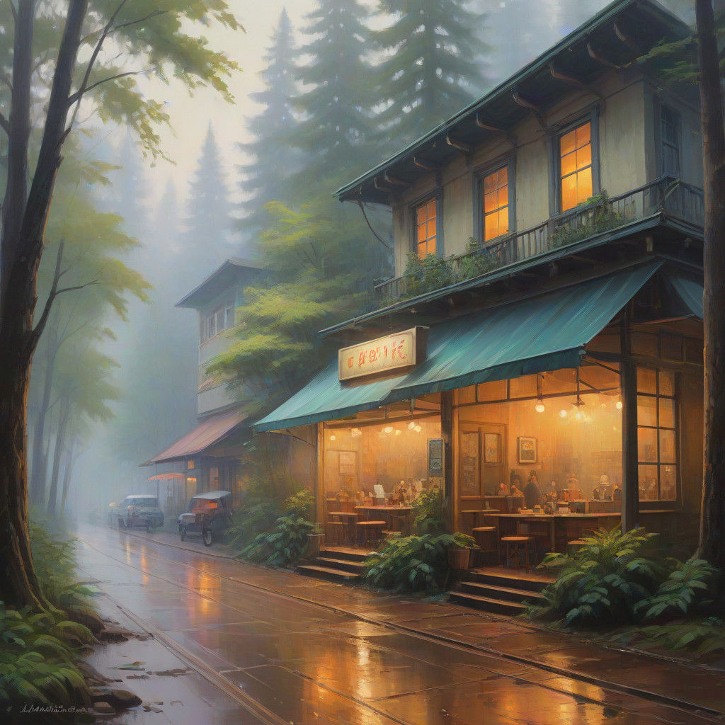 Impressionist Forest Boba Shop in Warm Light