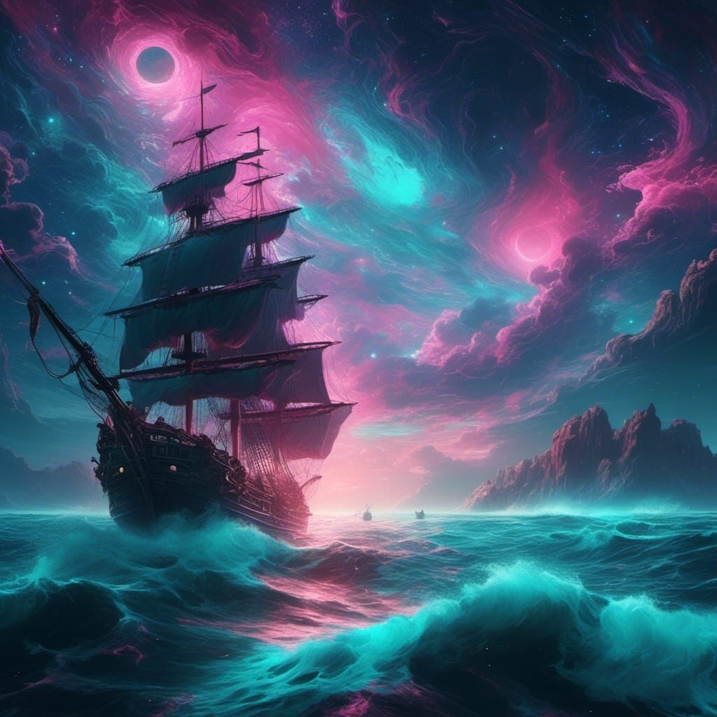 Cyberpunk Pirate Ship Sails Bioluminescent Galaxy Sea