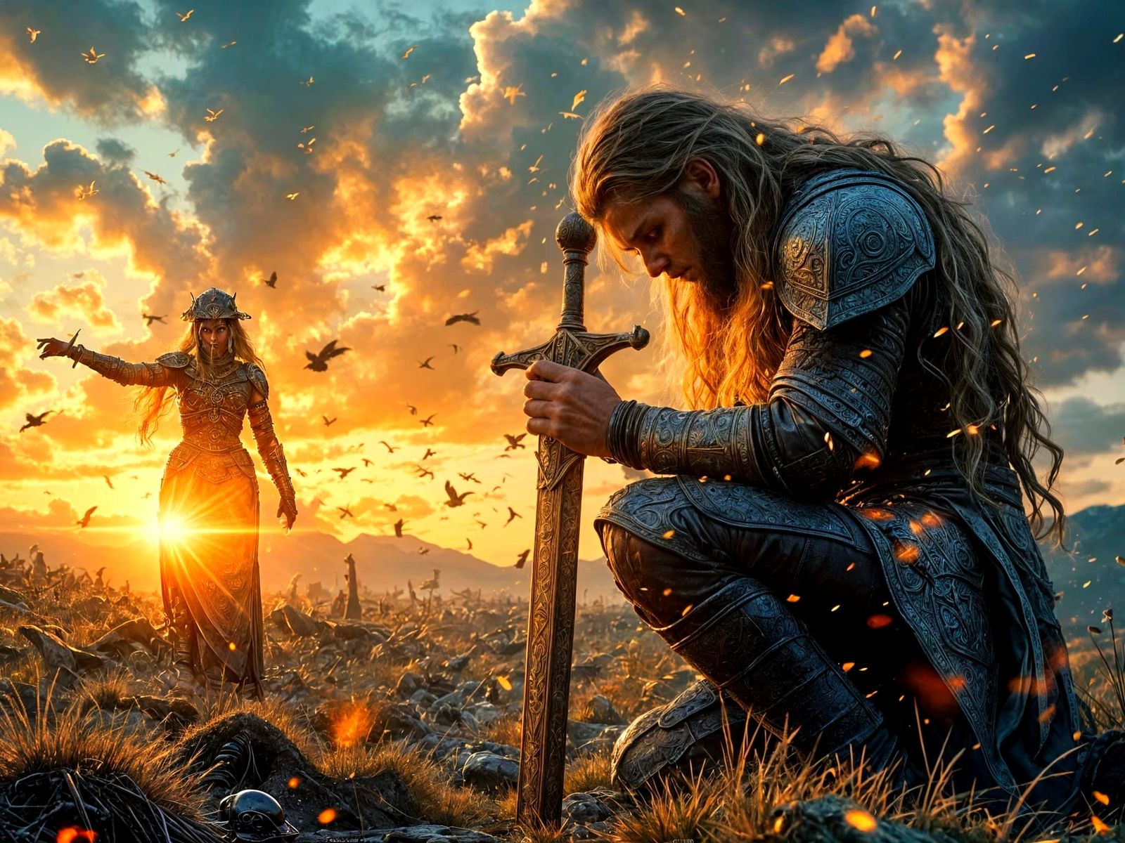 Epic Viking Kneeling in Prayer to Odin, Surrounded by Fallen...