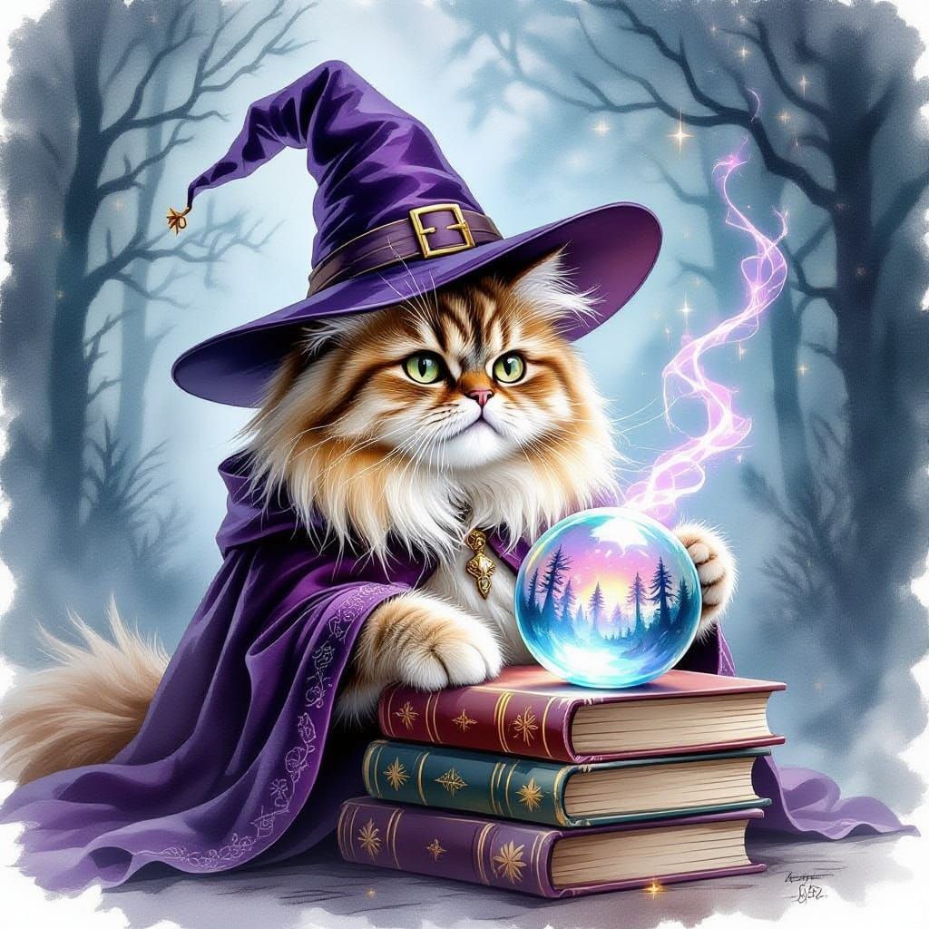 Mystical Persian Cat in Witch Hat Reading Crystal Ball