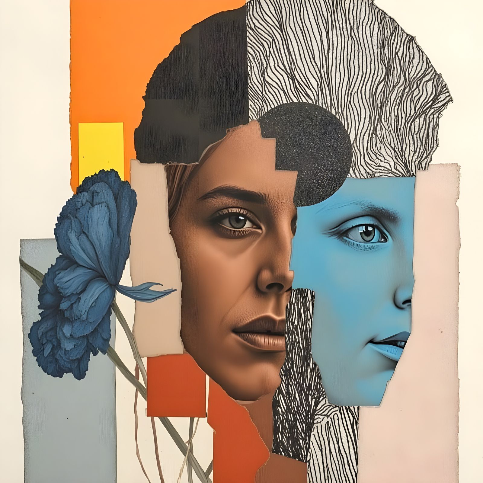 Abstract Fragmented Drawing with Split Face and Flower