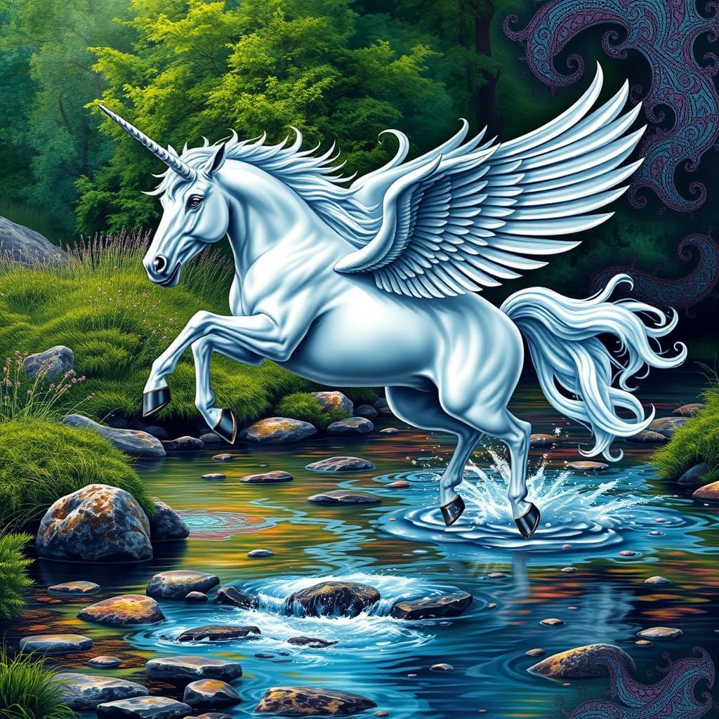 Majestic Silver Unicorn Leaps Over Brook in Abstract Art