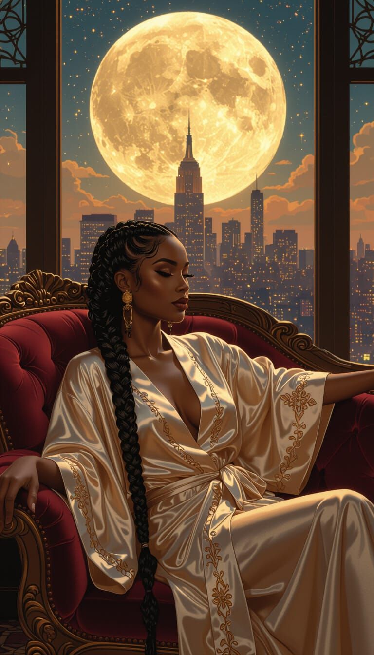 Woman Reclining with City View, in Art Nouveau Style