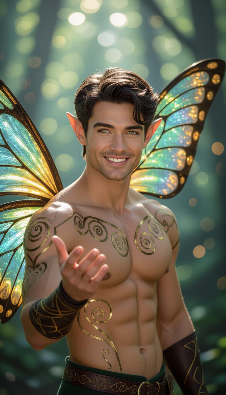 Elf Man with Golden Swirls and Butterfly Wings