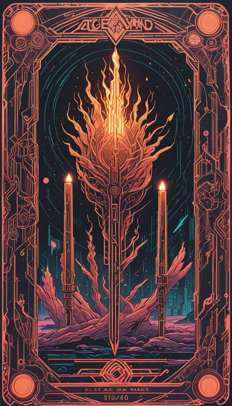 Ace of Wands Tarot Card in Cyberpunk Style