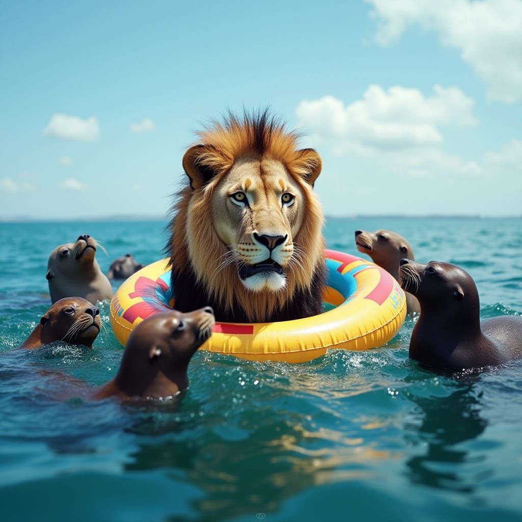 Wild Lion Surrounded by Curious Sea Lions in a Colorful Beac...