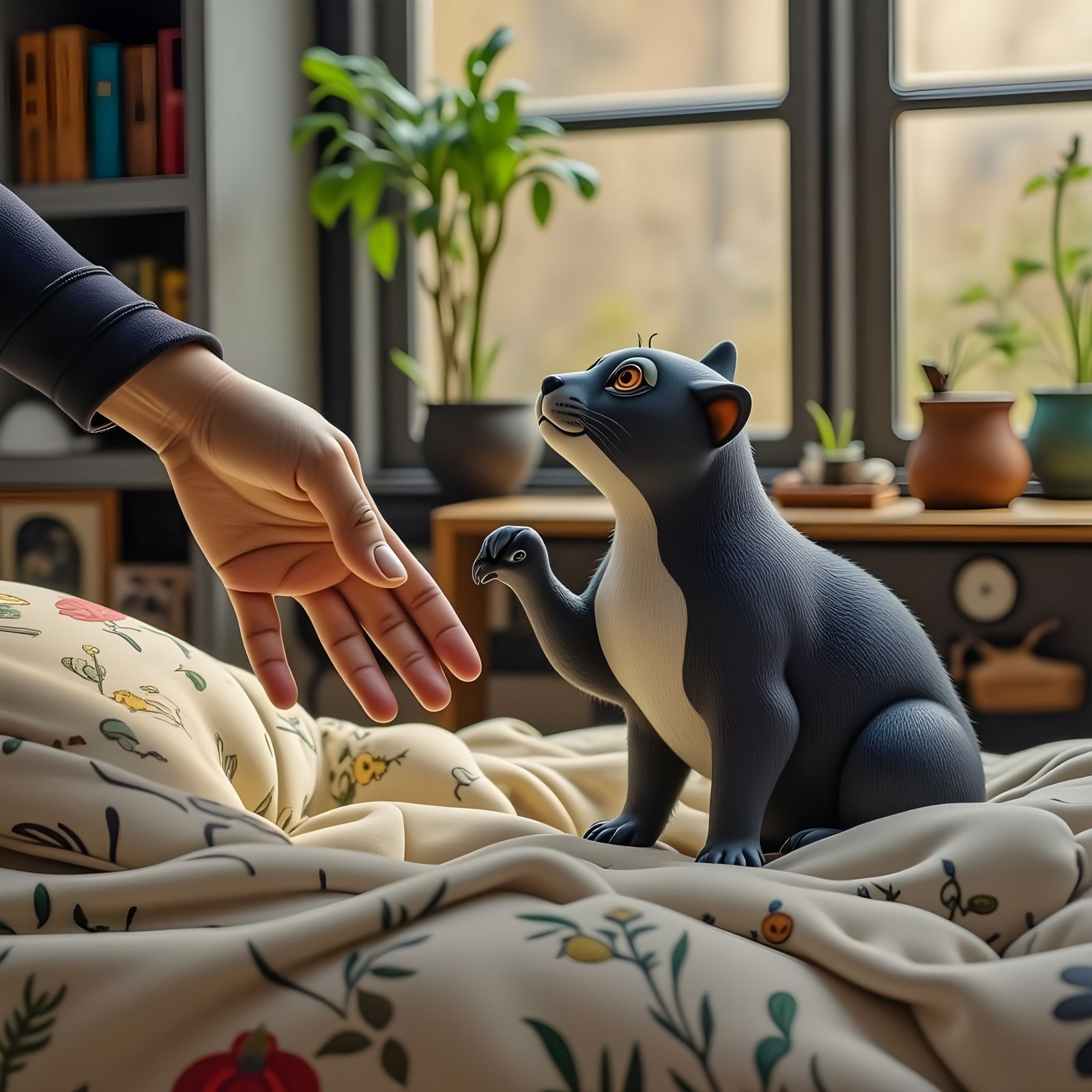 Warm Scene of Curious Cat Interacting with Gentle Hand