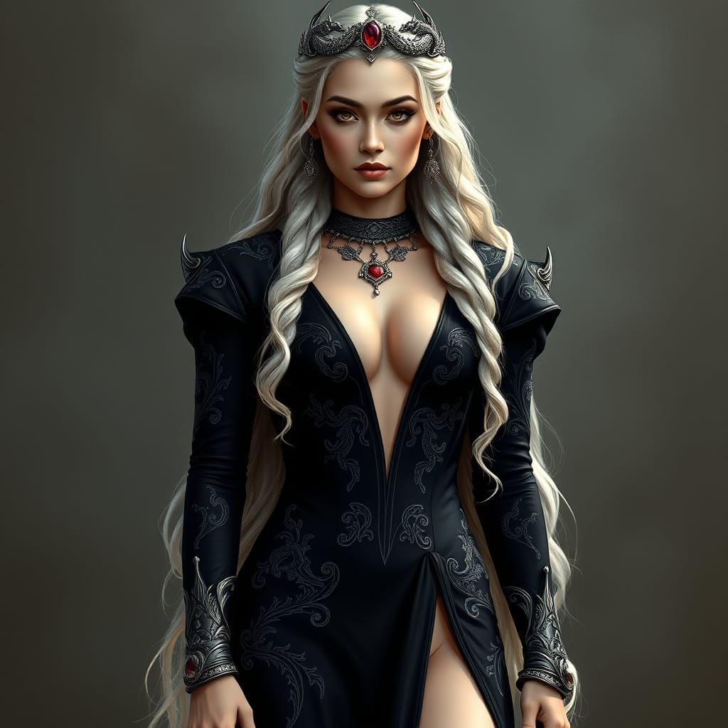 Regal Targaryen Queen in Elegant Black Gown with Valyrian St...