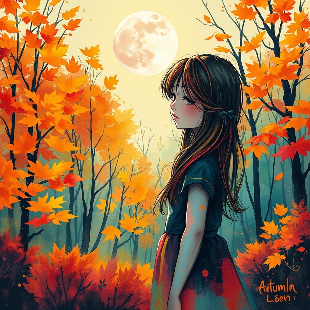 Whimsical Girl in Vibrant Autumn Woods under Neon Moonlight