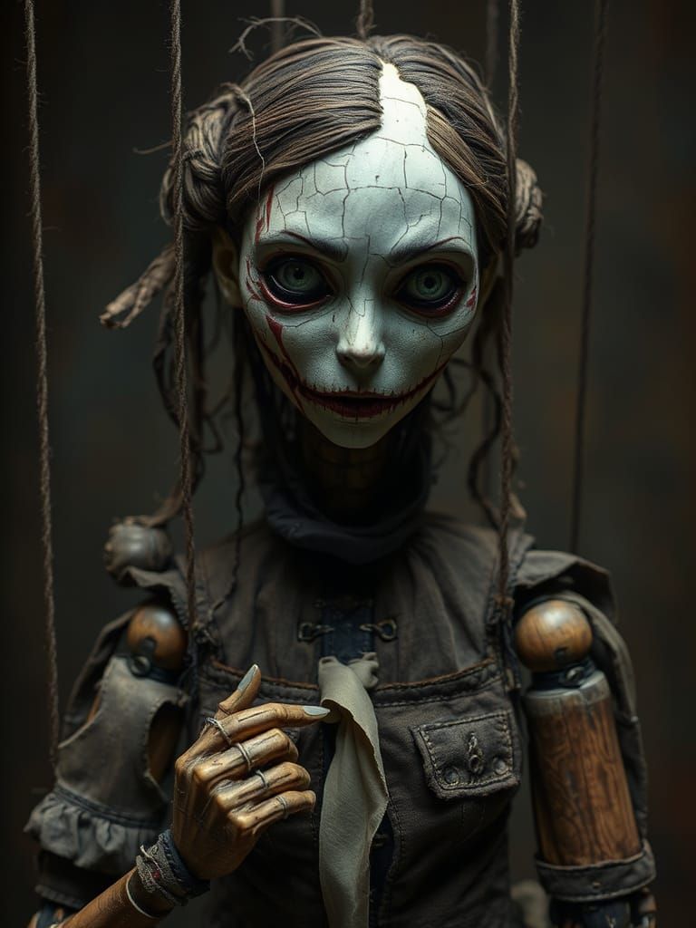 Creepy female puppet made of wood, with a cracked face and e...