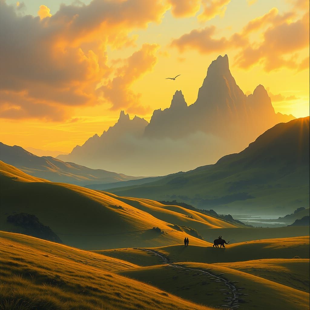 Majestic Fantasy Landscape of Middle-earth at Sunset
