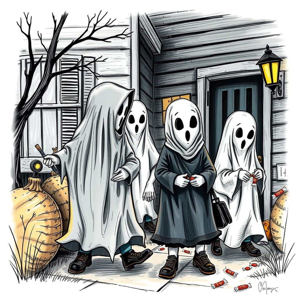 Whimsical Ghosts Trick-or-Treating in Detailed Digital Art