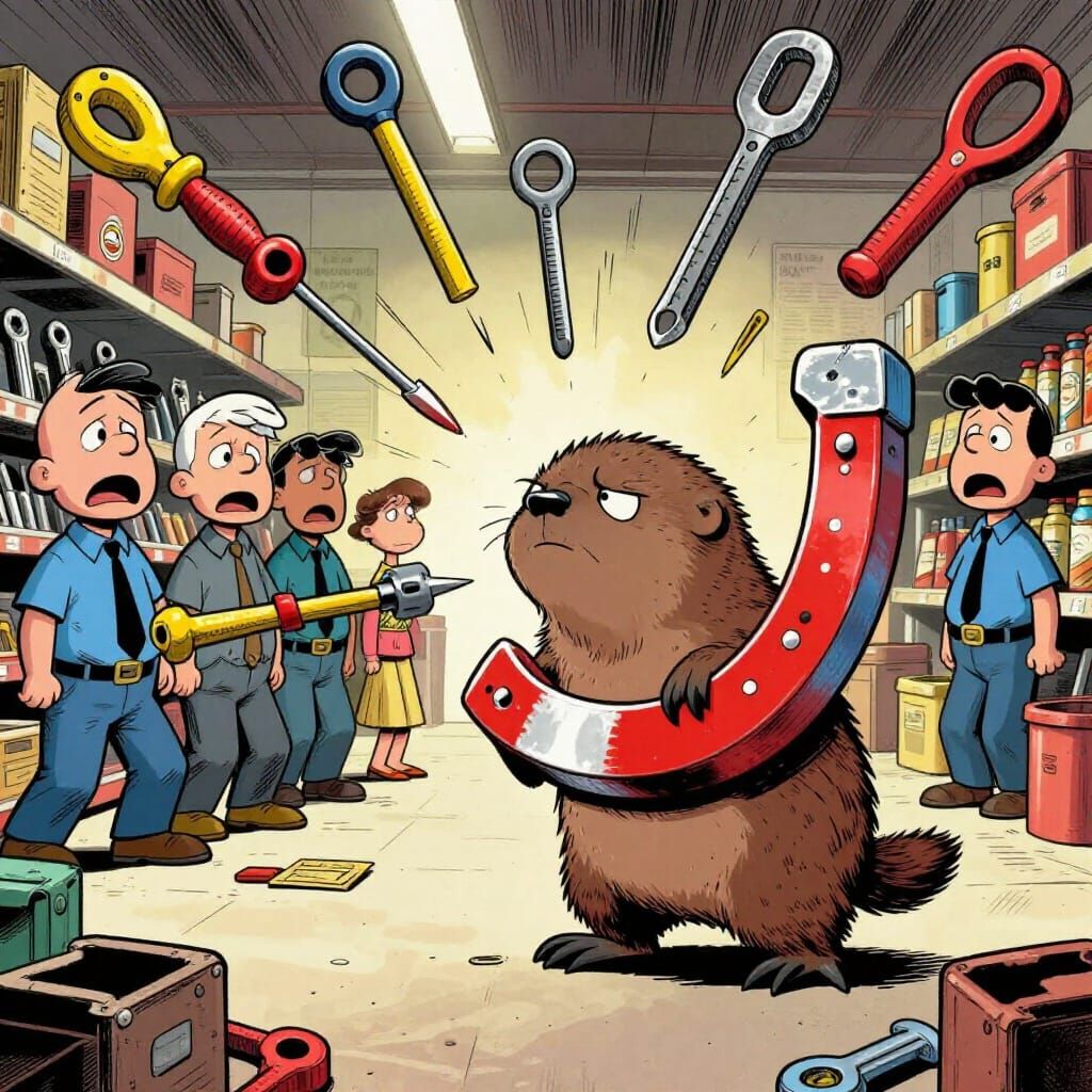 Depressed Lemming Faces Flying Tools in Comic Art Style