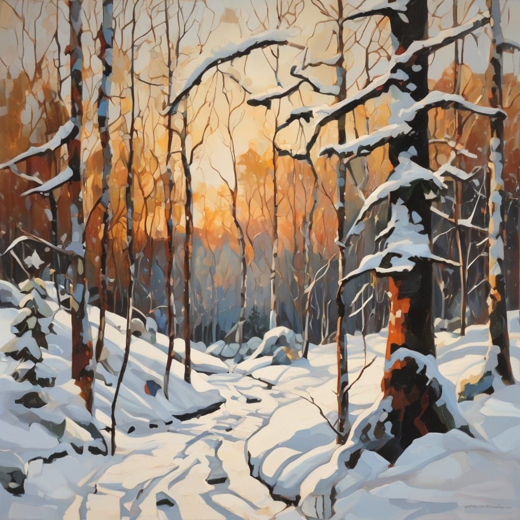 New Year's Eve celebration in a snowy forest in the style painting with bold brushstrokes and earthy tones of the land a...