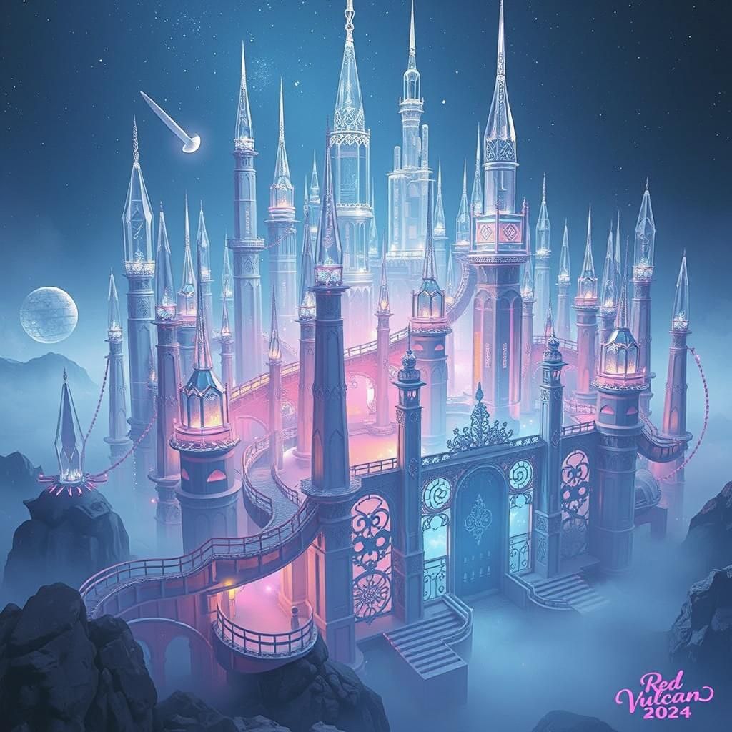 A shimmering, clear, crystalline metropolis with intricately faceted, transparent spires and towers that refract and ref...