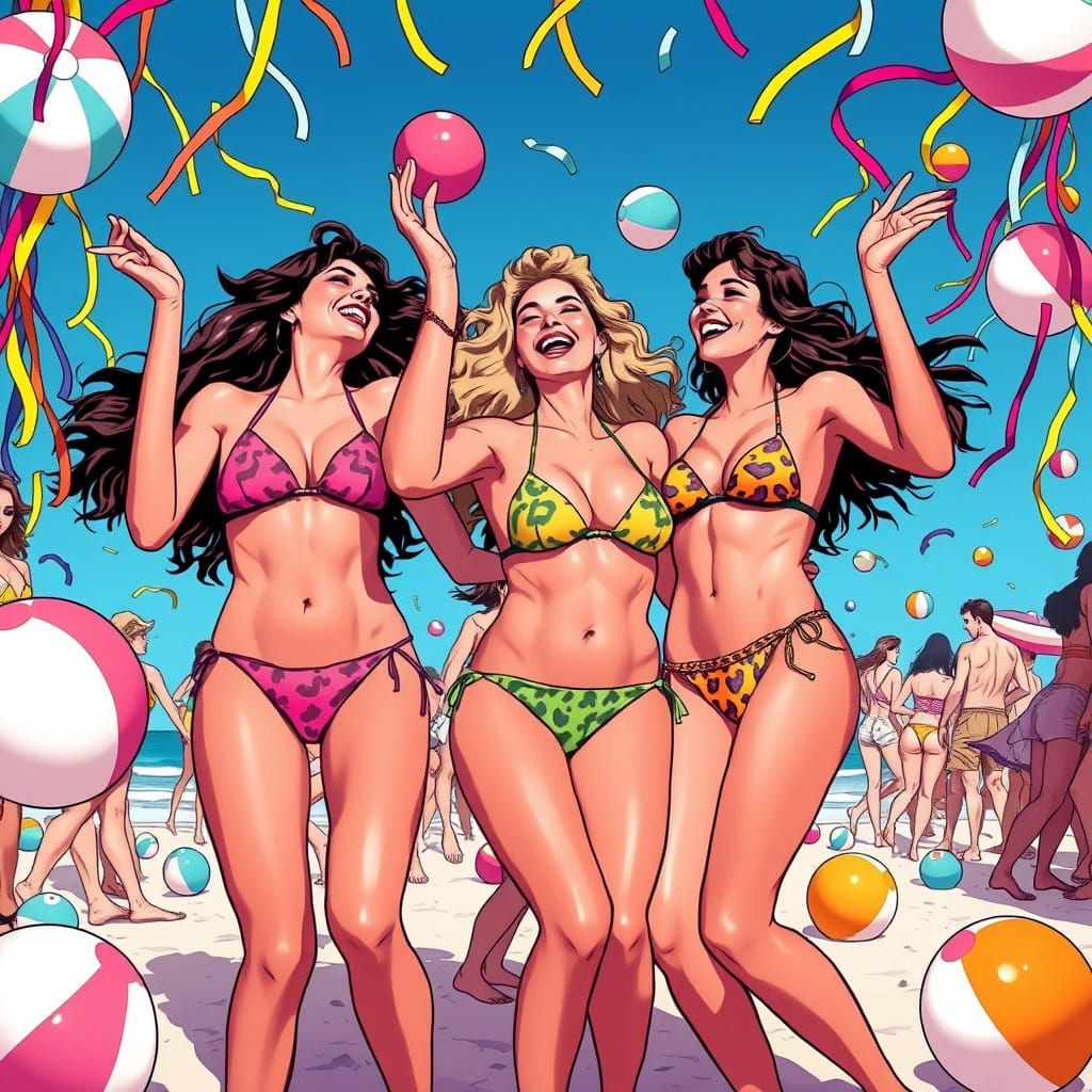 Bikini Girls Dancing on Beach in Playful Style