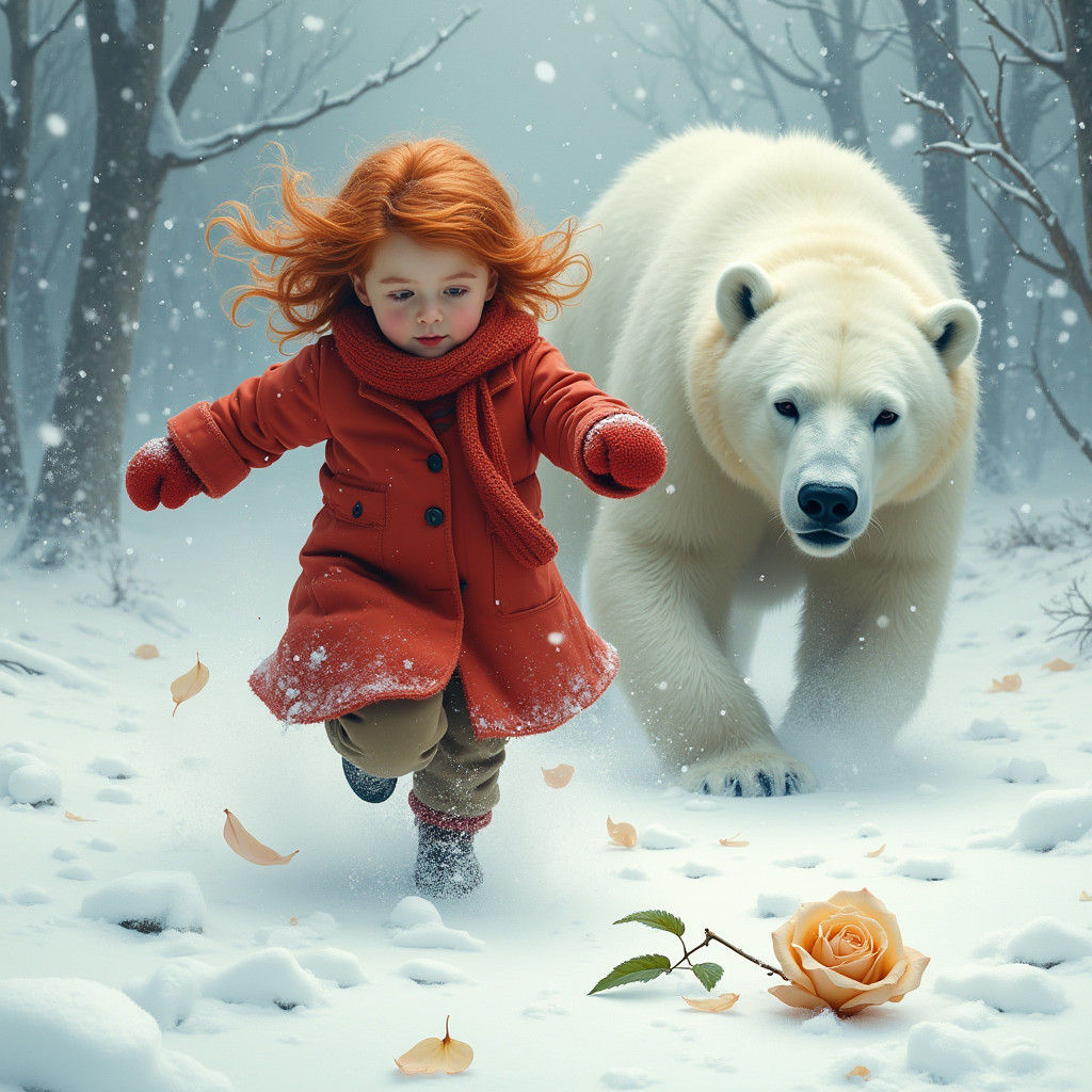 Girl Flees Polar Bear, Drops Rose: Romanticism Art