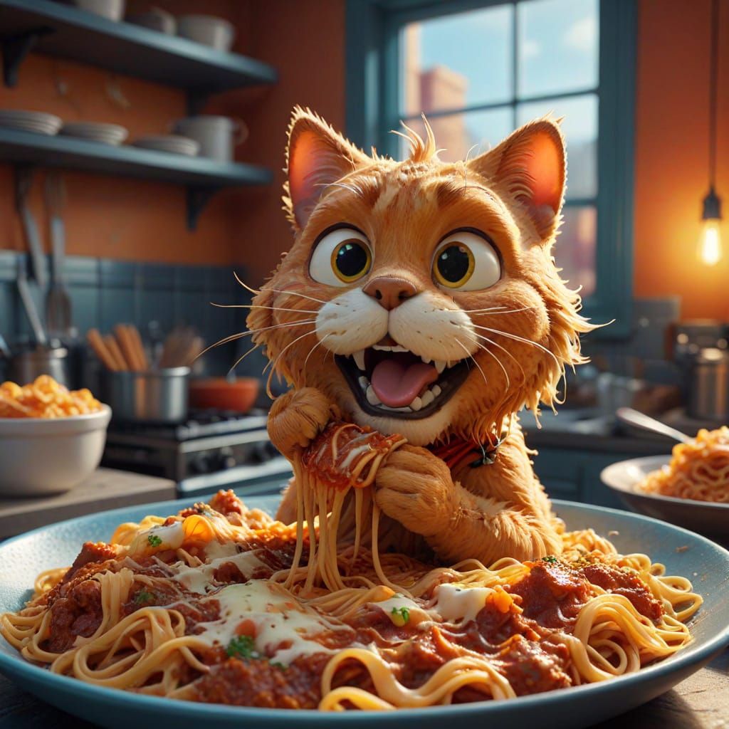 Garfield in a Vibrant Kitchen, Inspired by Pixar and Disney