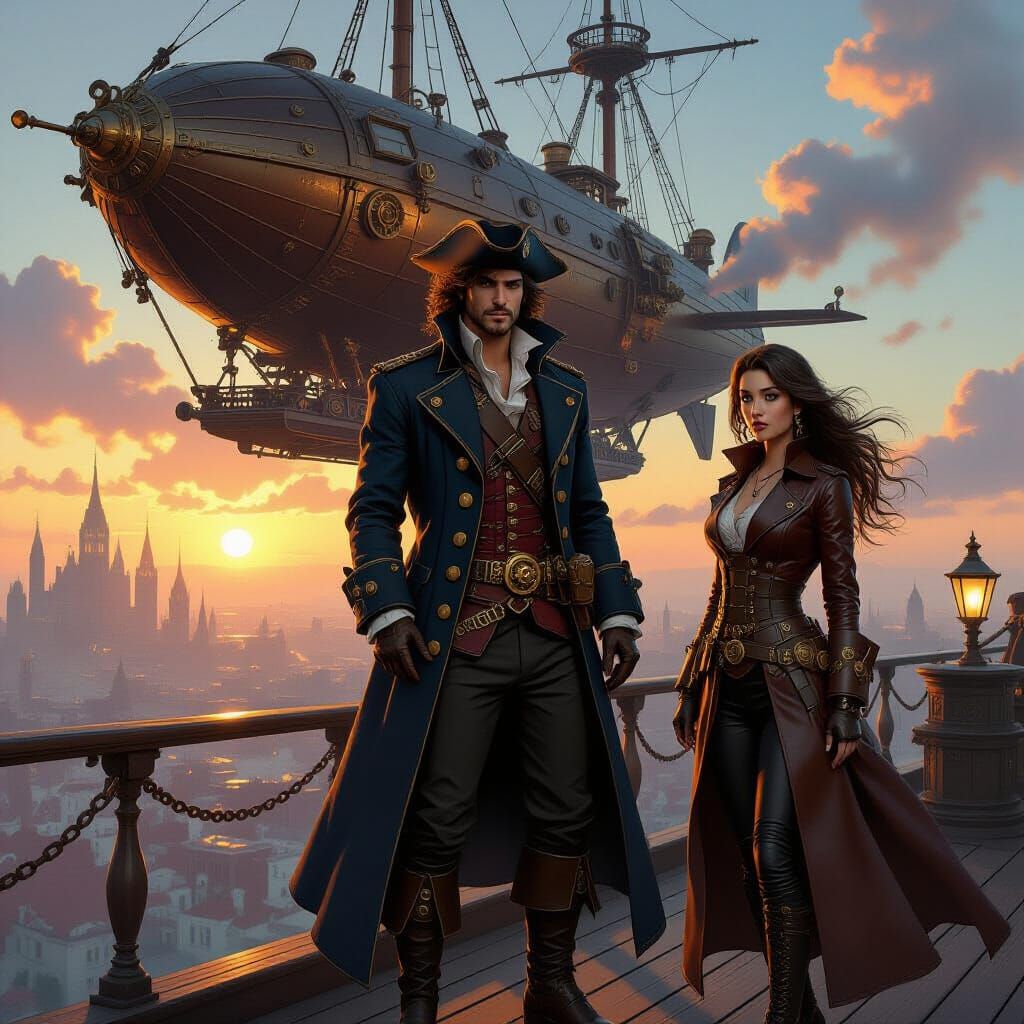 Steampunk Airship Pirate Captain on Modified Dirigible