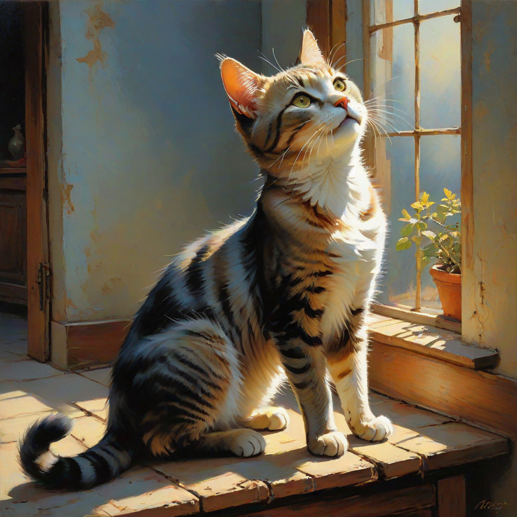 Cat Stretches in Warm Sunlight, Mixed Media Masterpiece