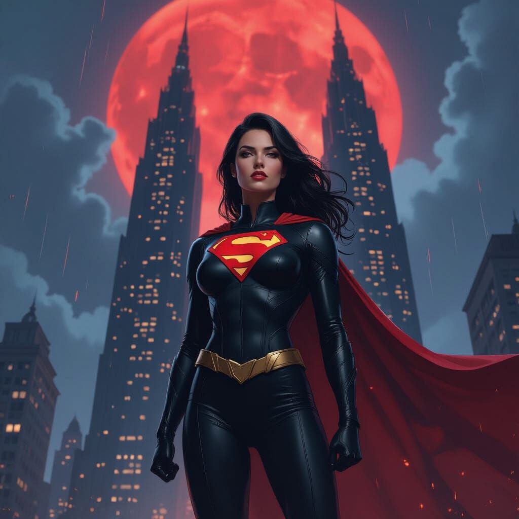 Female Superman in Dark Gothic Metropolis