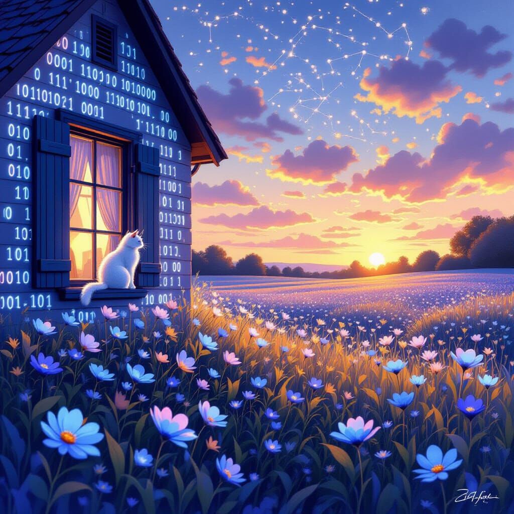 Ethereal Cottage with Digital Flowers and Light Cat