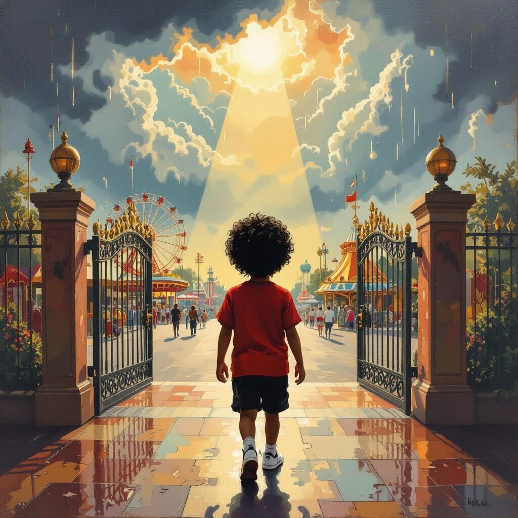 Boy Walks Towards Amusement Park in Surreal Style