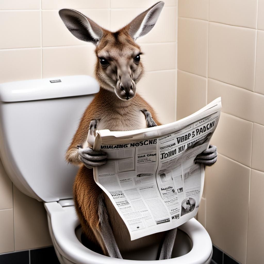 Kangaroo Caught Reading Newspaper on Toilet