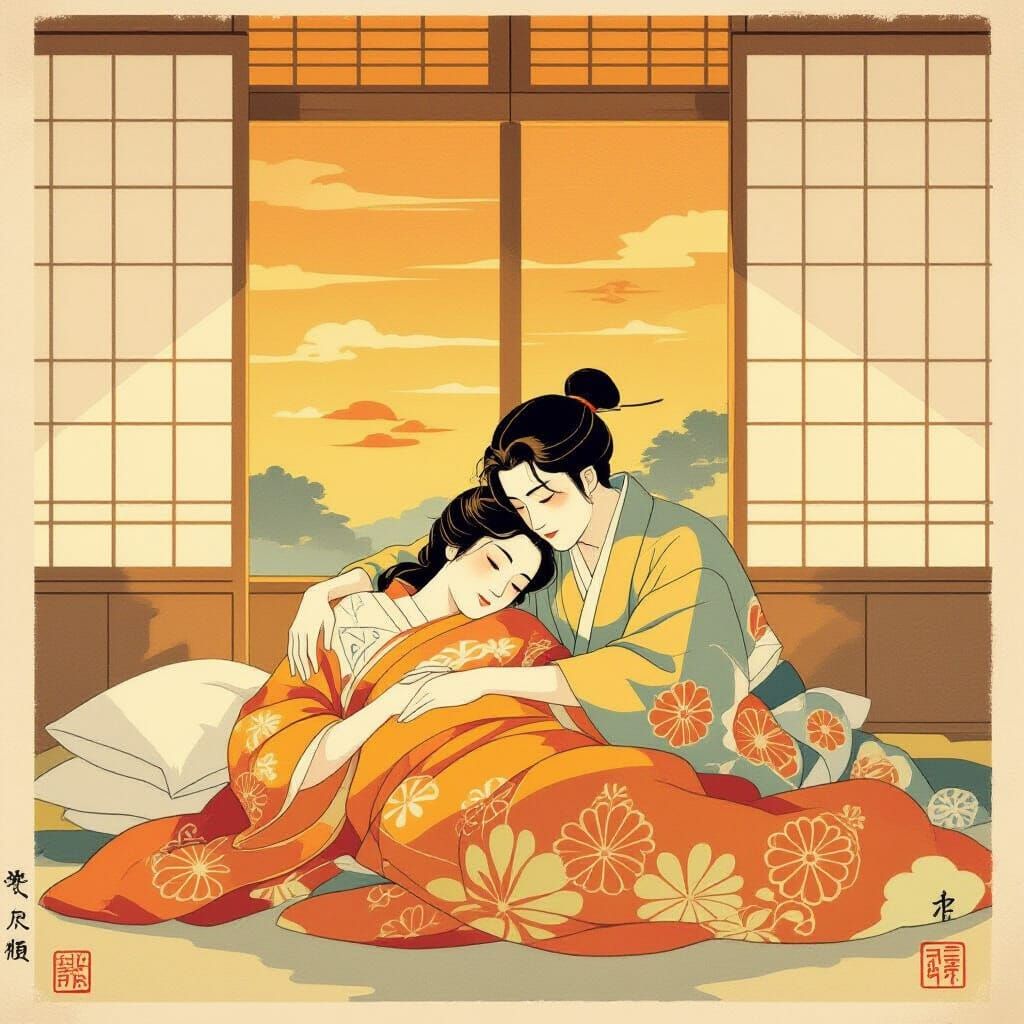 Sunrise Serenity and a Lover's Embrace in Ukiyo-e Style