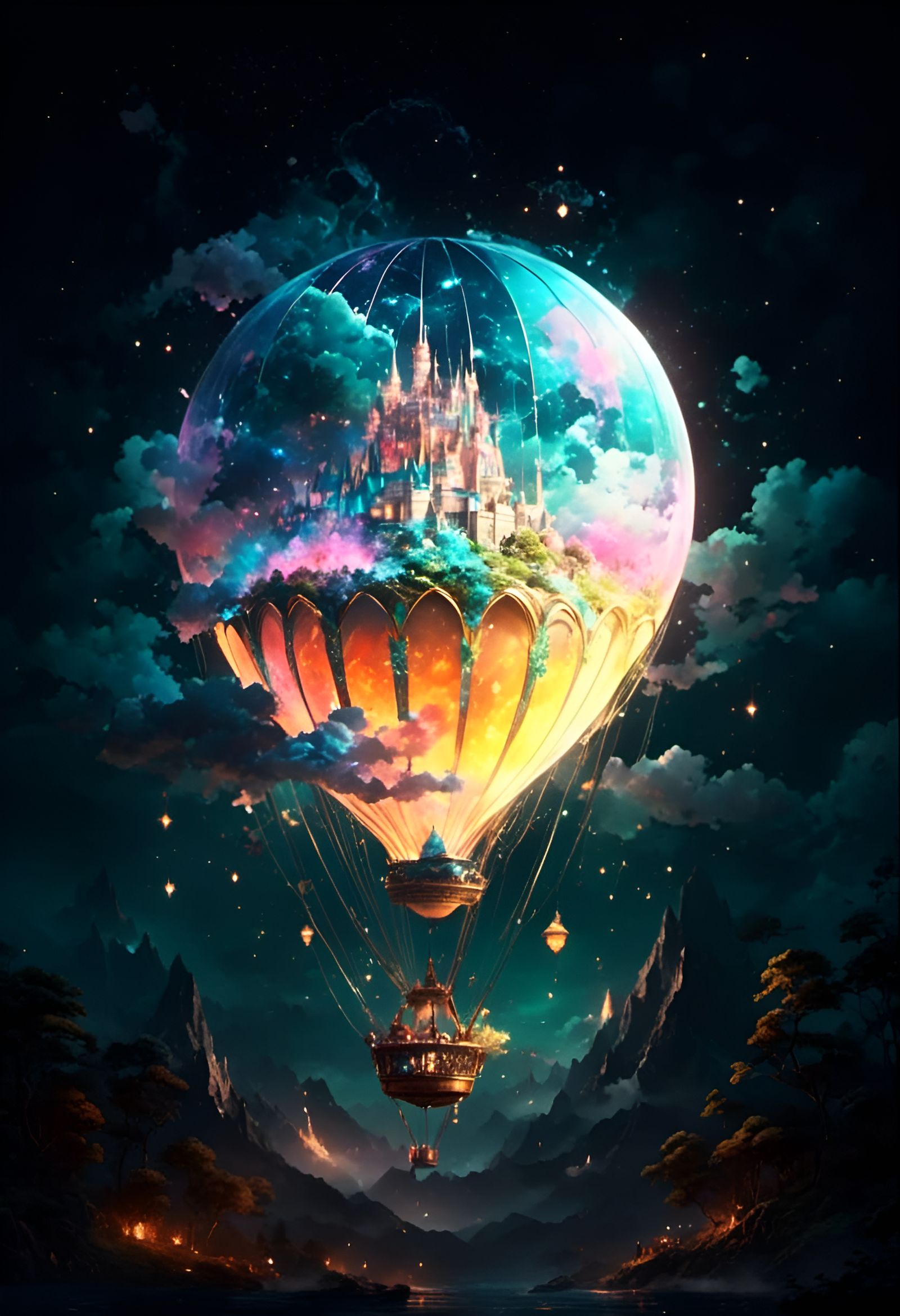 Hot Air Balloon and Fantasy Castle Double Exposure