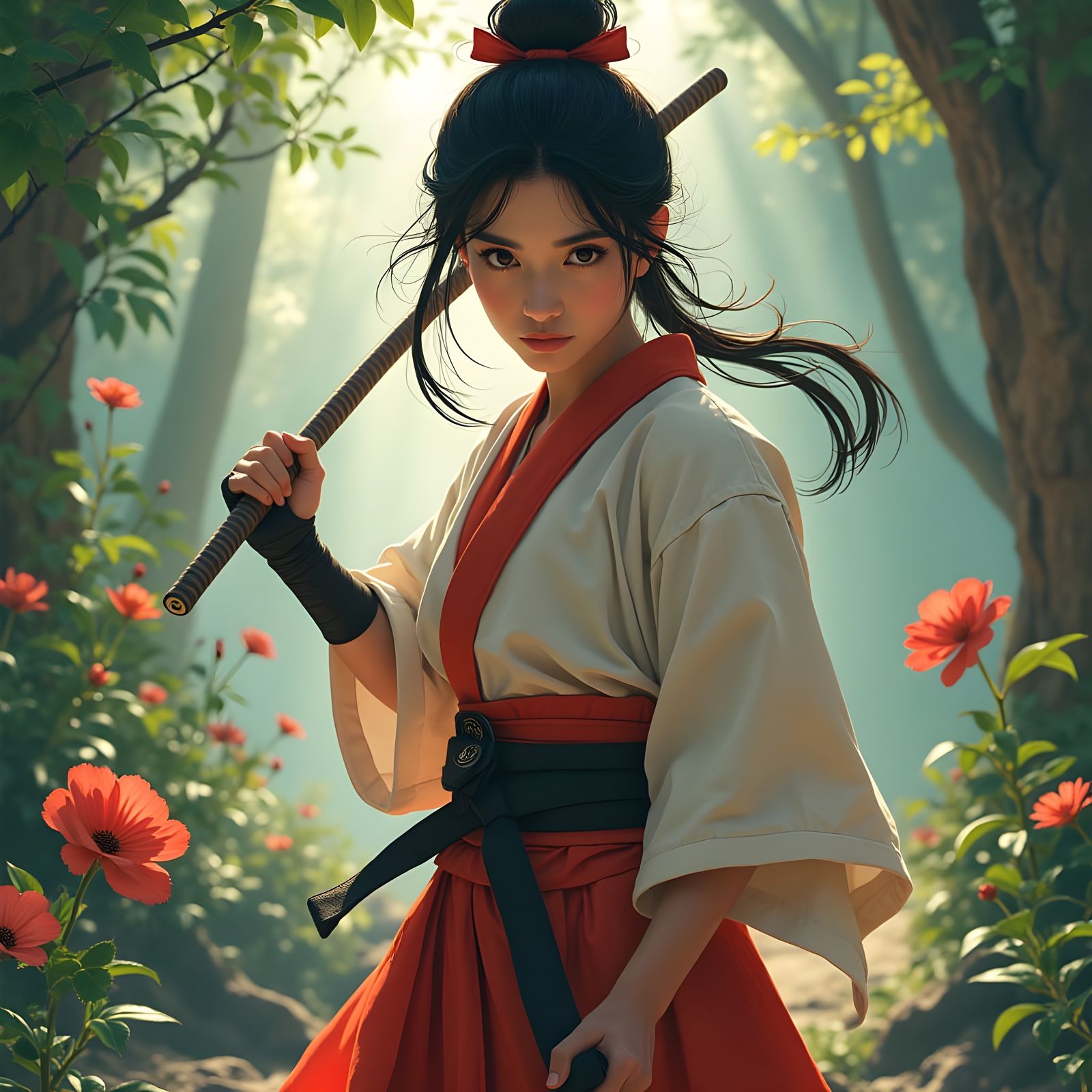 A Serene Female Martial Artist in a Lush Japanese Garden