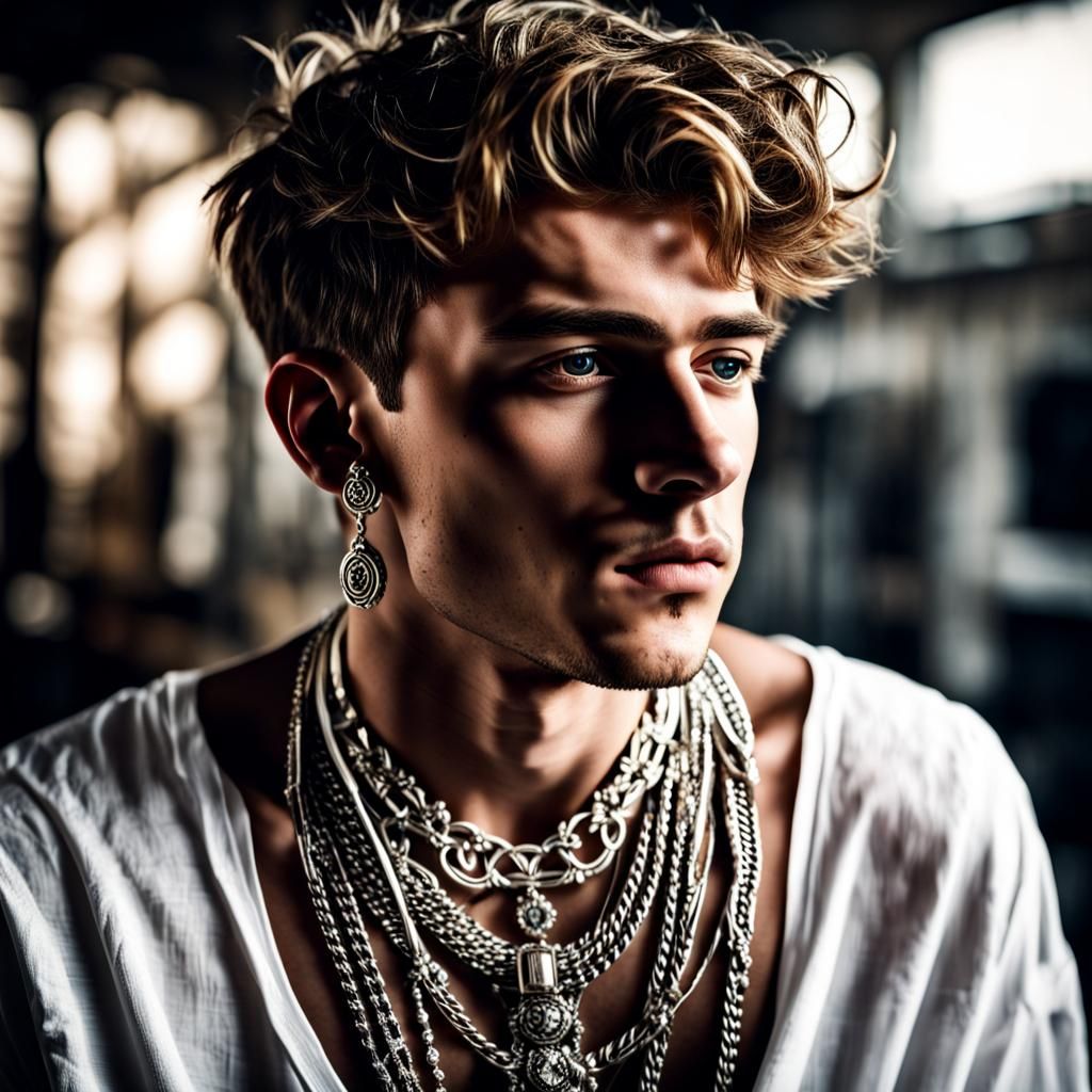 Fashionable Young Man with Jewelry in Hyperrealistic Style