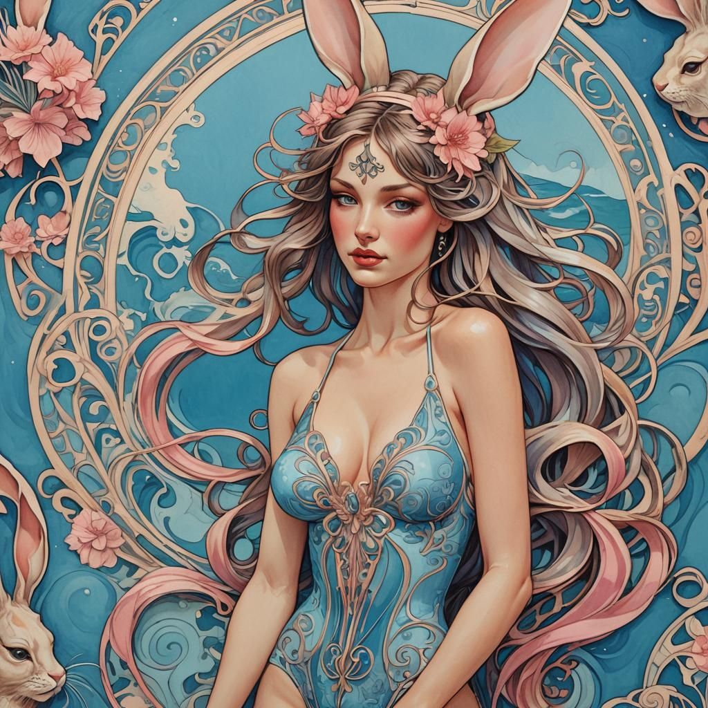 Art Nouveau Model on Blue Sand Beach