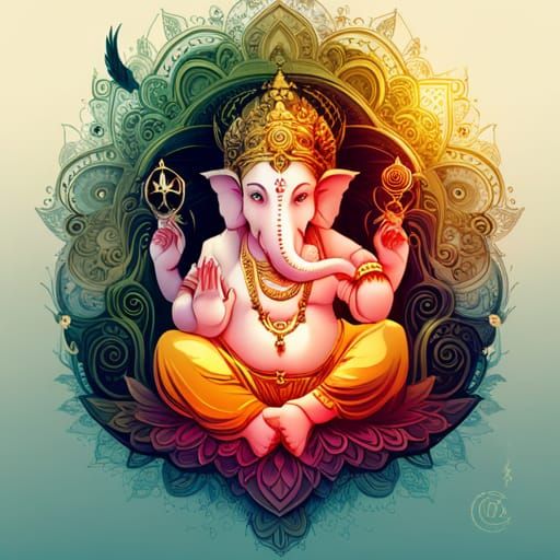 Detailed Ganesha Digital Painting with Golden Outlines