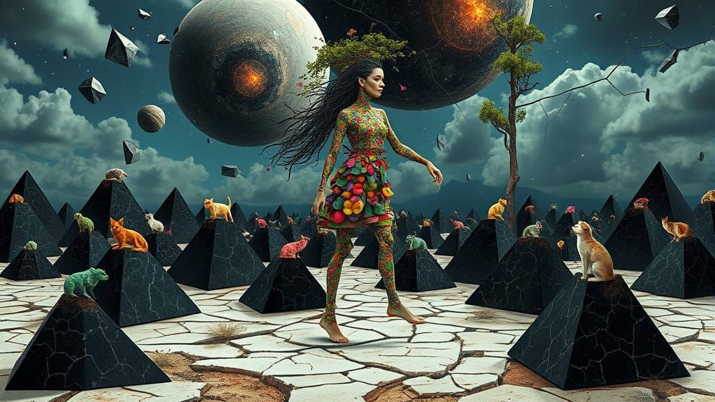 Woman Made of Tools Tribe Walks on Mirrored Pyramids