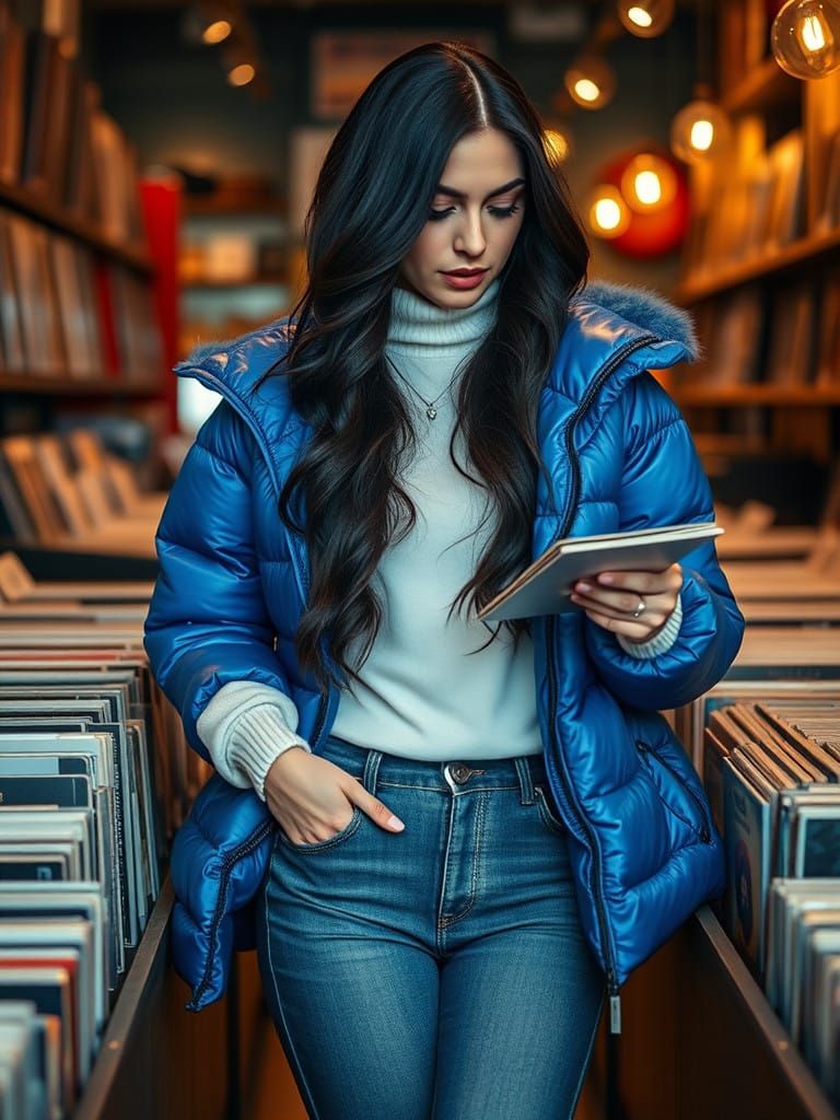 Woman Browsing Vinyl Records in a Record Store