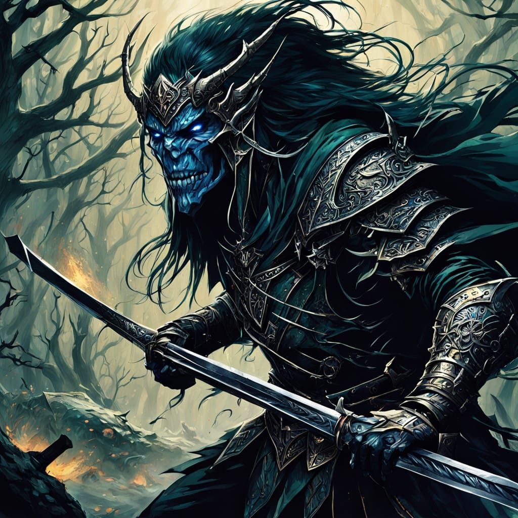 Dark Elves Clash in a Fierce Duel Within a Haunting Mystical...