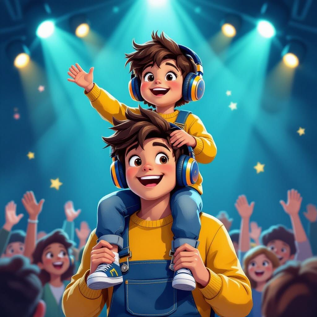 Vibrant Concert Scene: Non-Binary Adult and Child in Cartoon...