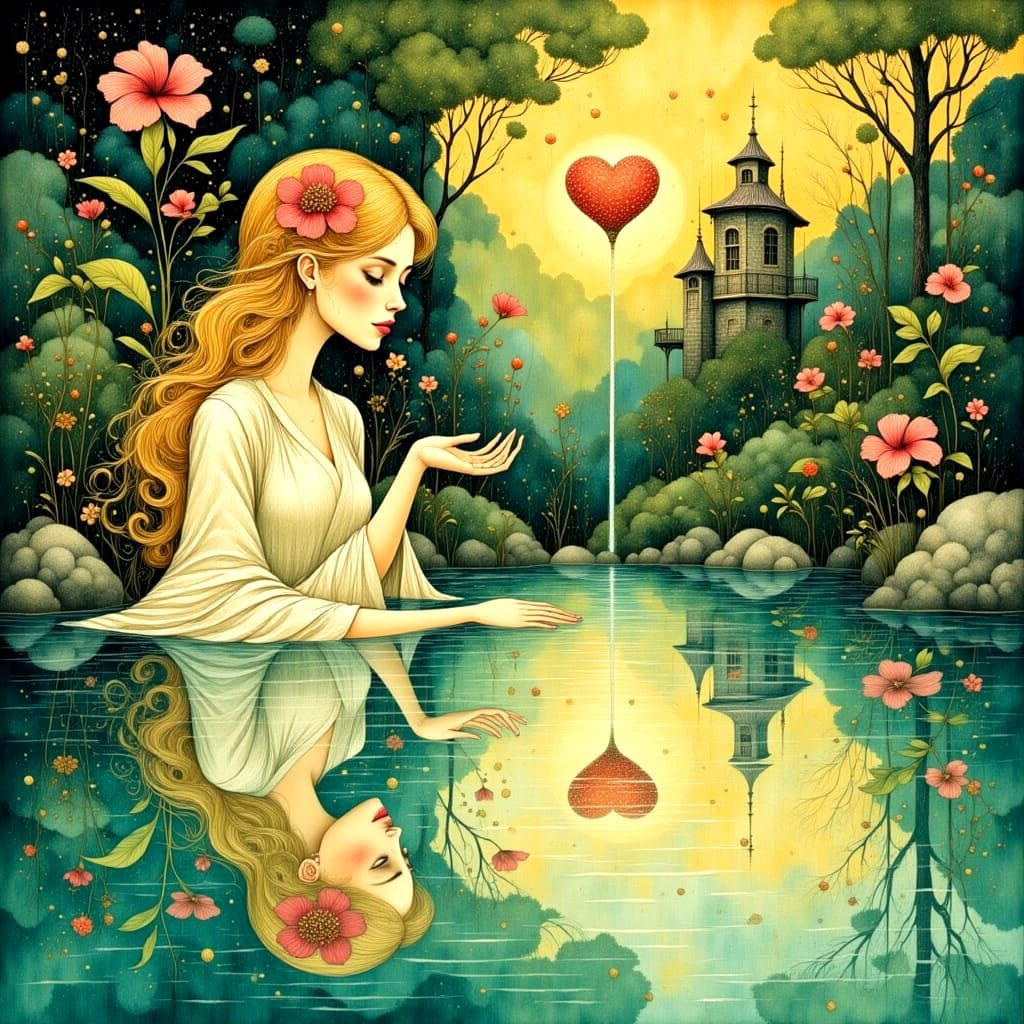 Dreamlike Woodblock Print with Serene Pale Blue Pool and Whi...