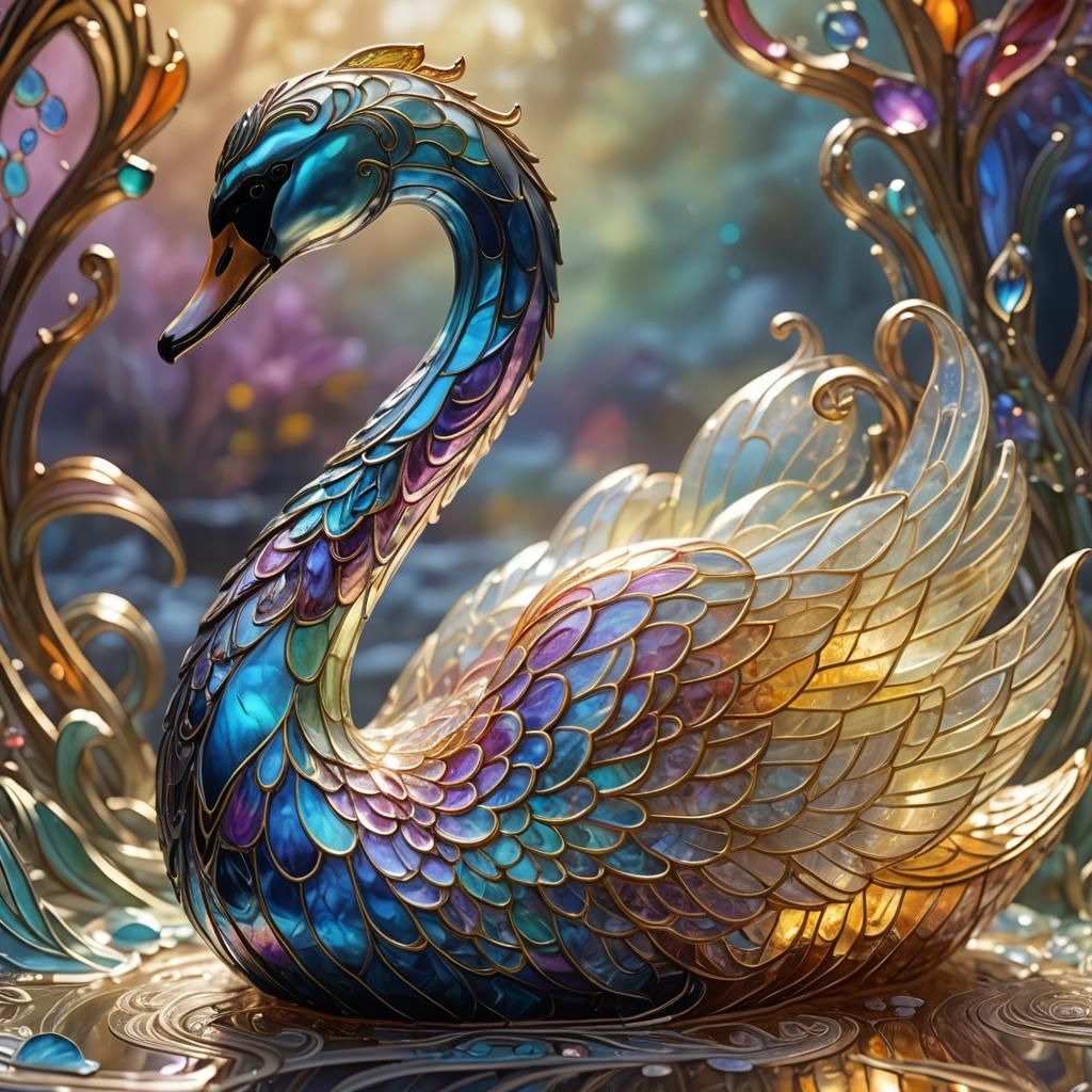 Enameled Glass Swan Figurine in Art Nouveau Style