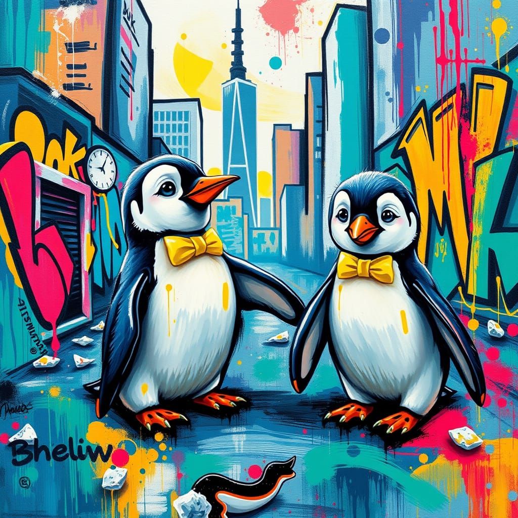 Vibrant Urban Penguins in Graffiti Style