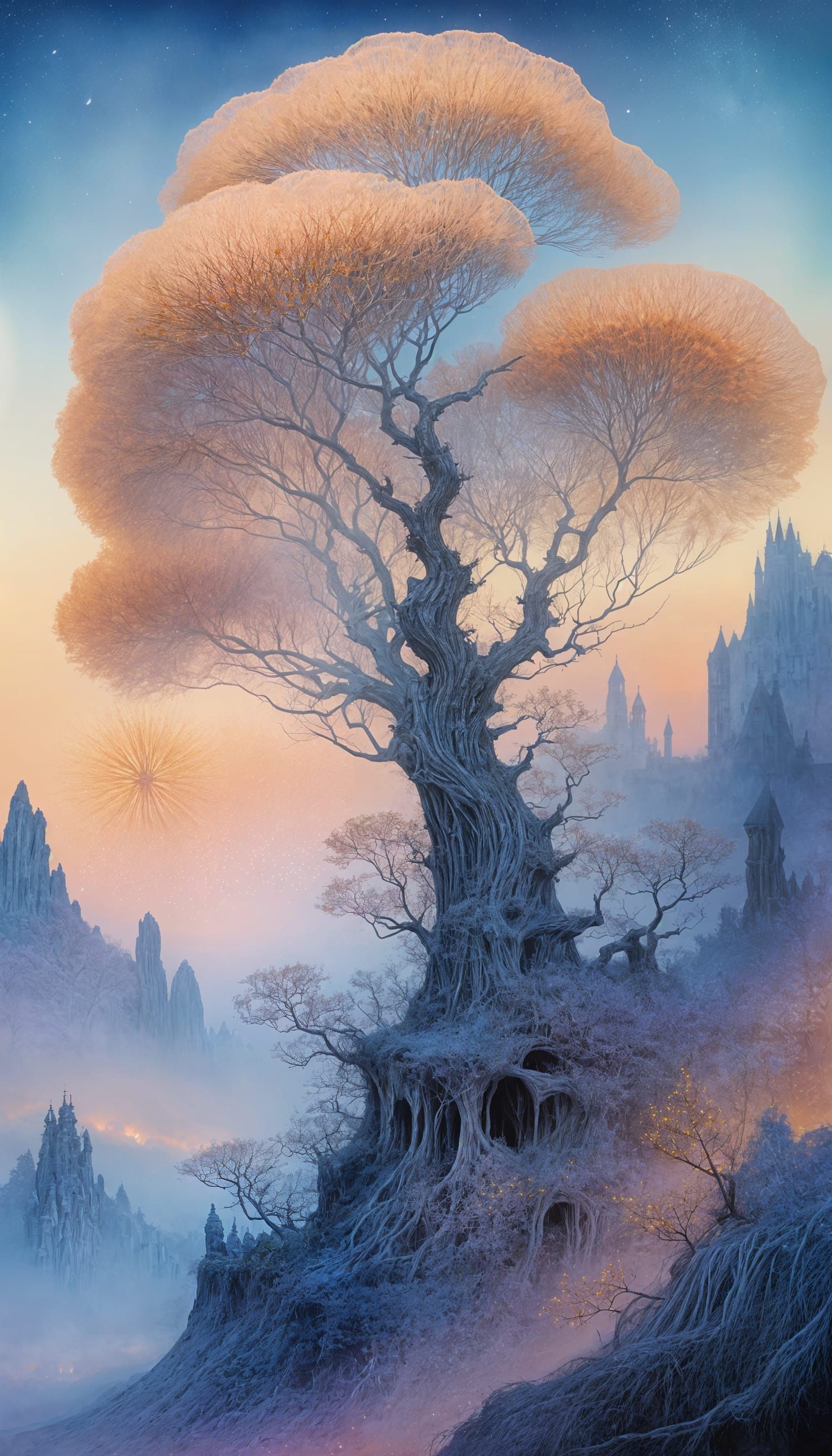 Mystical Thistledrift Tree Unfolds in Moonlit Twilight