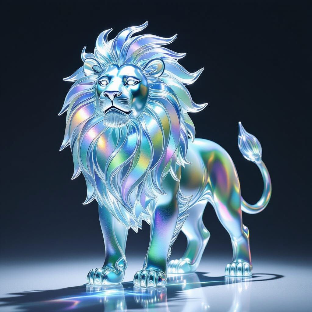 Exuberant Sea Glass Lion Sculpture with Iridescent Light