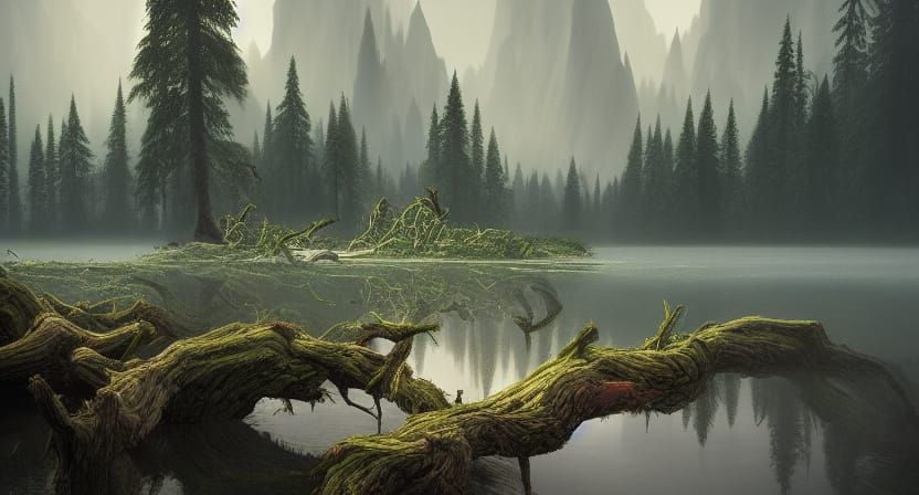 Misty Lake Surrounded by Great Trees
