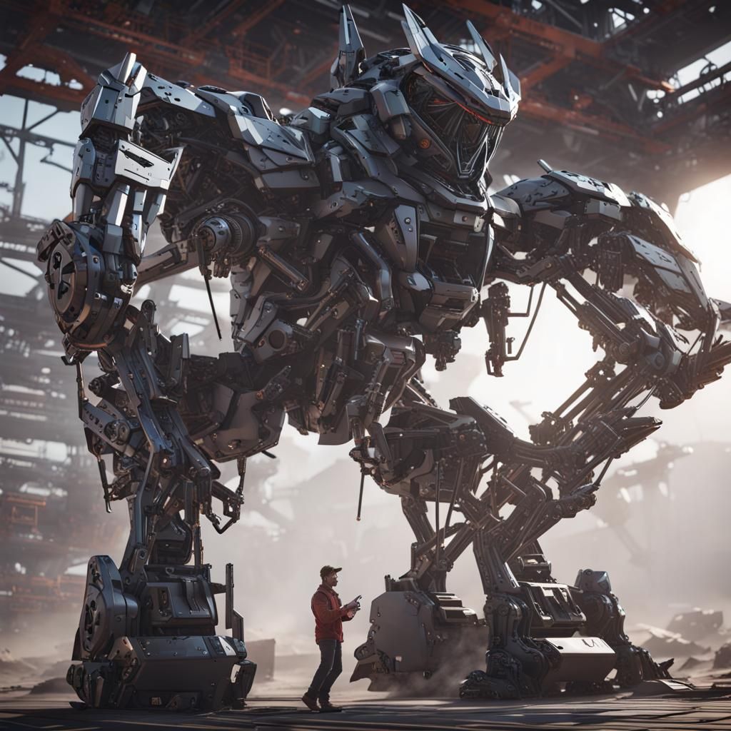 Futuristic Mechanic Repairs Giant Zoid in Hangar