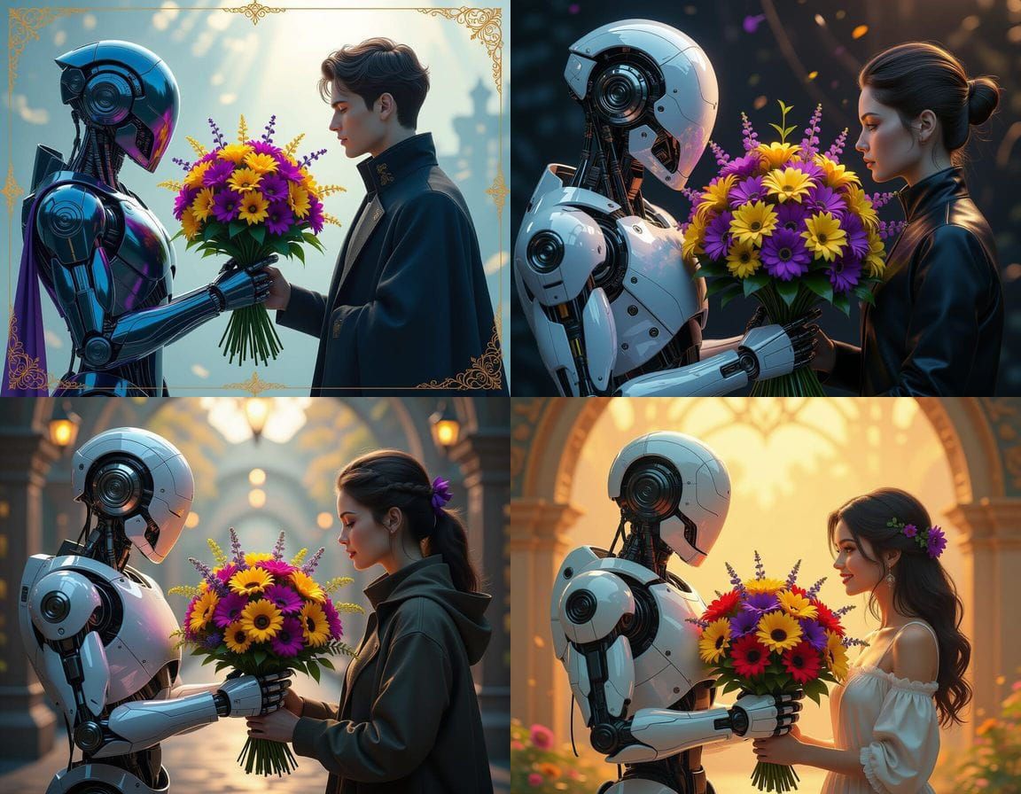 Robot Offers Flowers to Human Friend Concept Art