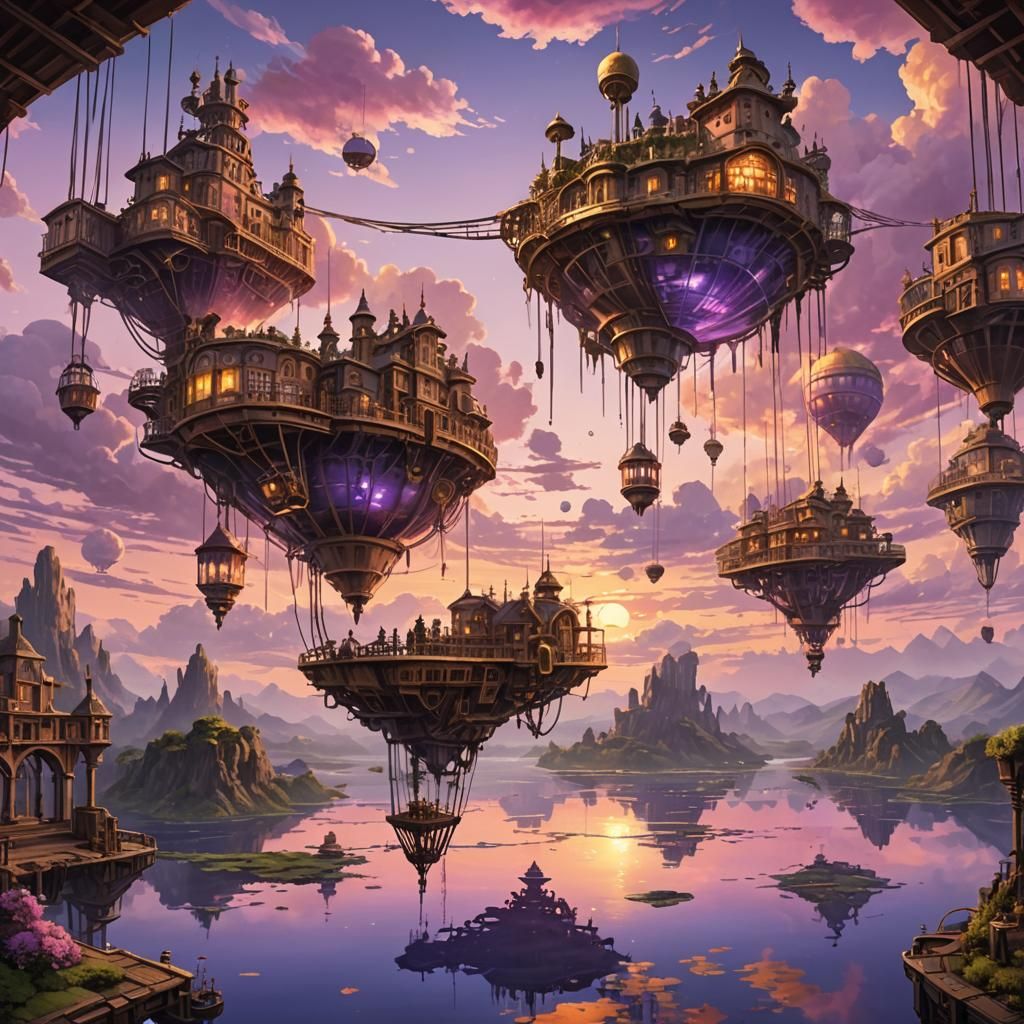 Floating Islands at Sunset in Steampunk Style