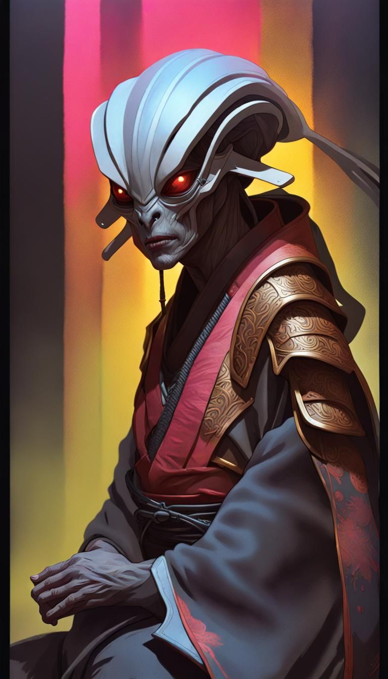 Samurai Alien Portrait by Rutkowski, Artgerm, and Mucha