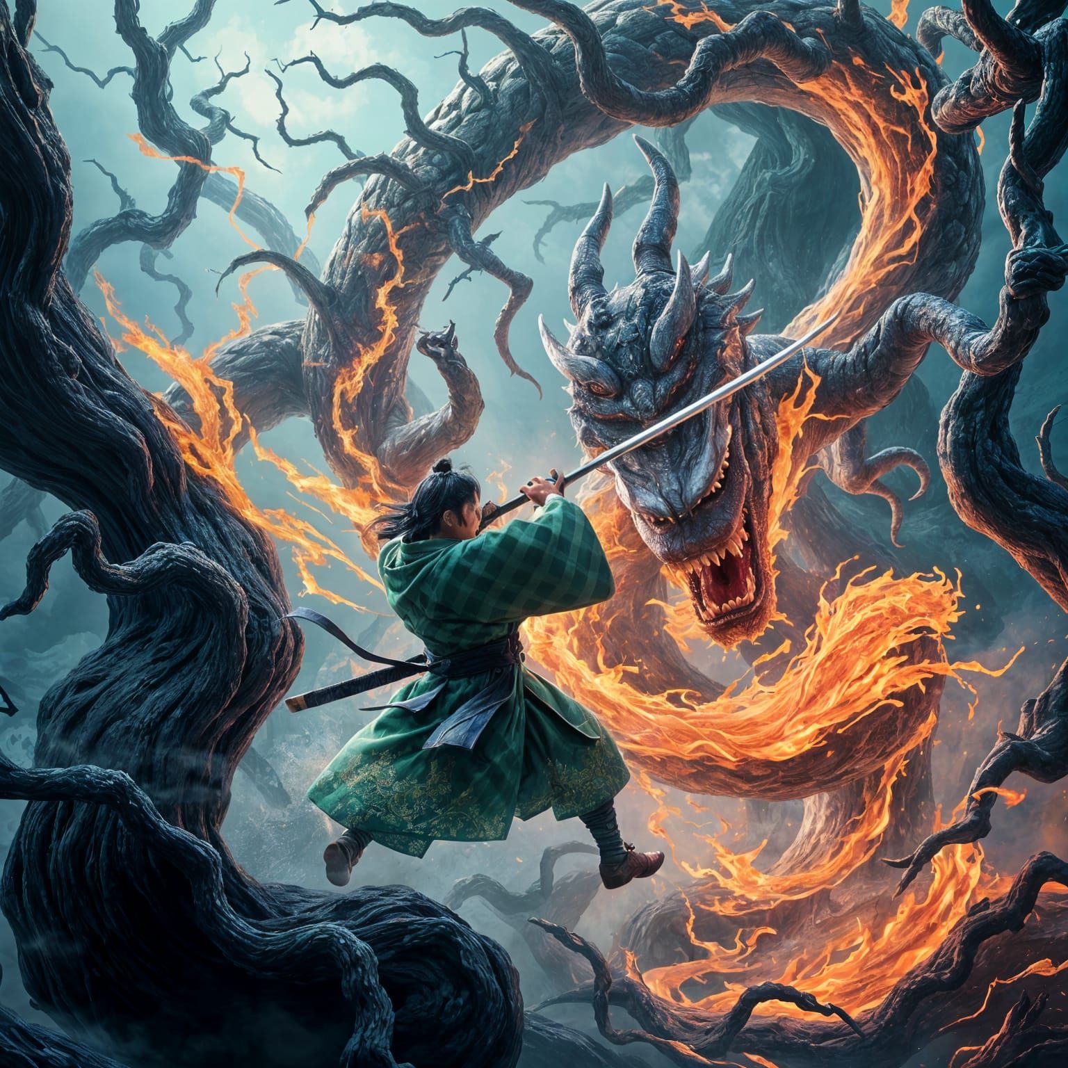 Tanjiro Kamado vs Gyokko: Detailed Fantasy Art